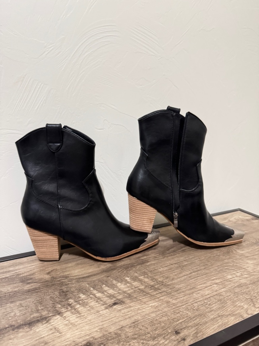 Pink Lily Black Western Ankle Boots with Tan Stacked Heel